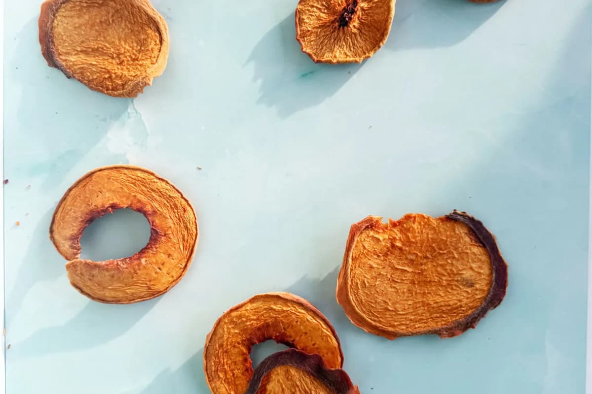 Close-up of golden dried peach slices