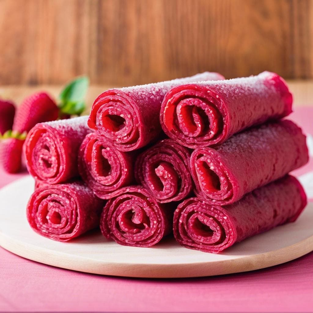 Stack of rolled raspberry fruit leather from Kalir Farm
